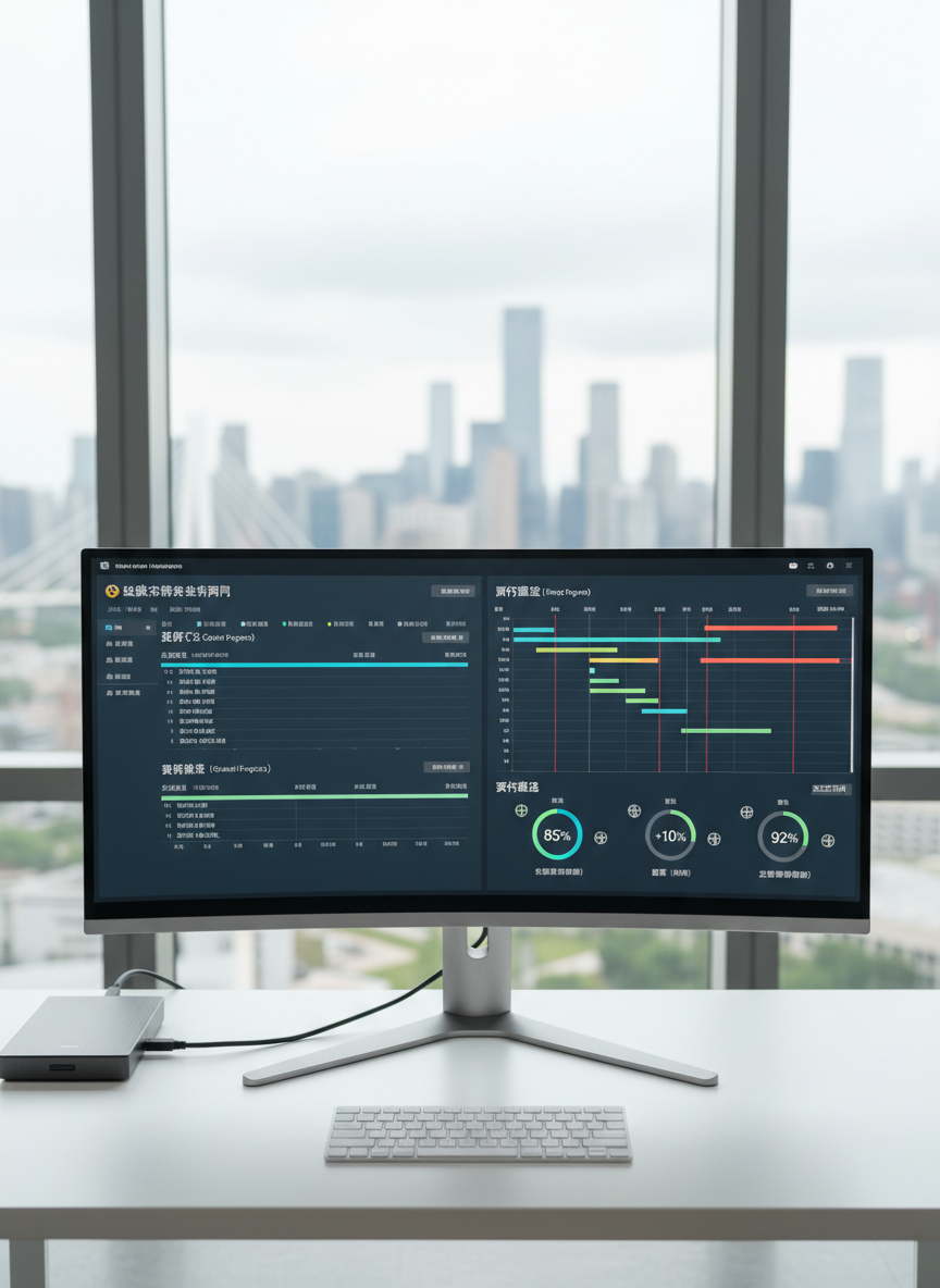 A high-end, ultra-wide curved monitor on a clean white workstation, displaying a sophisticated bilingual project dashboard in both Chinese and English, with timelines, Gantt charts, and KPI widgets representing ICT project management for global clients. The desk surface is organized with only a slim wireless keyboard and a dark brushed-metal docking station, suggesting efficiency. Behind the monitor, a large window reveals an abstract blur of a modern city skyline. Soft overcast daylight produces diffuse, shadow-free lighting, emphasizing the clarity of the screen content. Captured from a slightly elevated angle with moderate depth of field, the monitor dominates the frame. The mood is professional and focused, with photographic realism and a contemporary corporate style that highlights digital transformation and cross-border coordination.