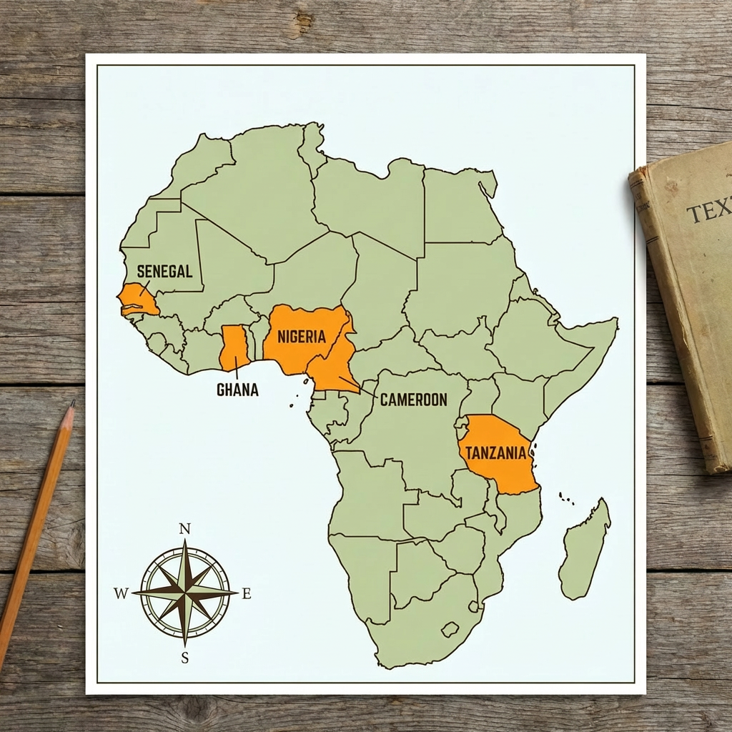 AFRICAN MAP - HIGHLIGHTED COUNTRIES showing SENEGAL, GHANA, NIGERIA, CAMEROON, and TANZANIA with compass points N, W, E, S.