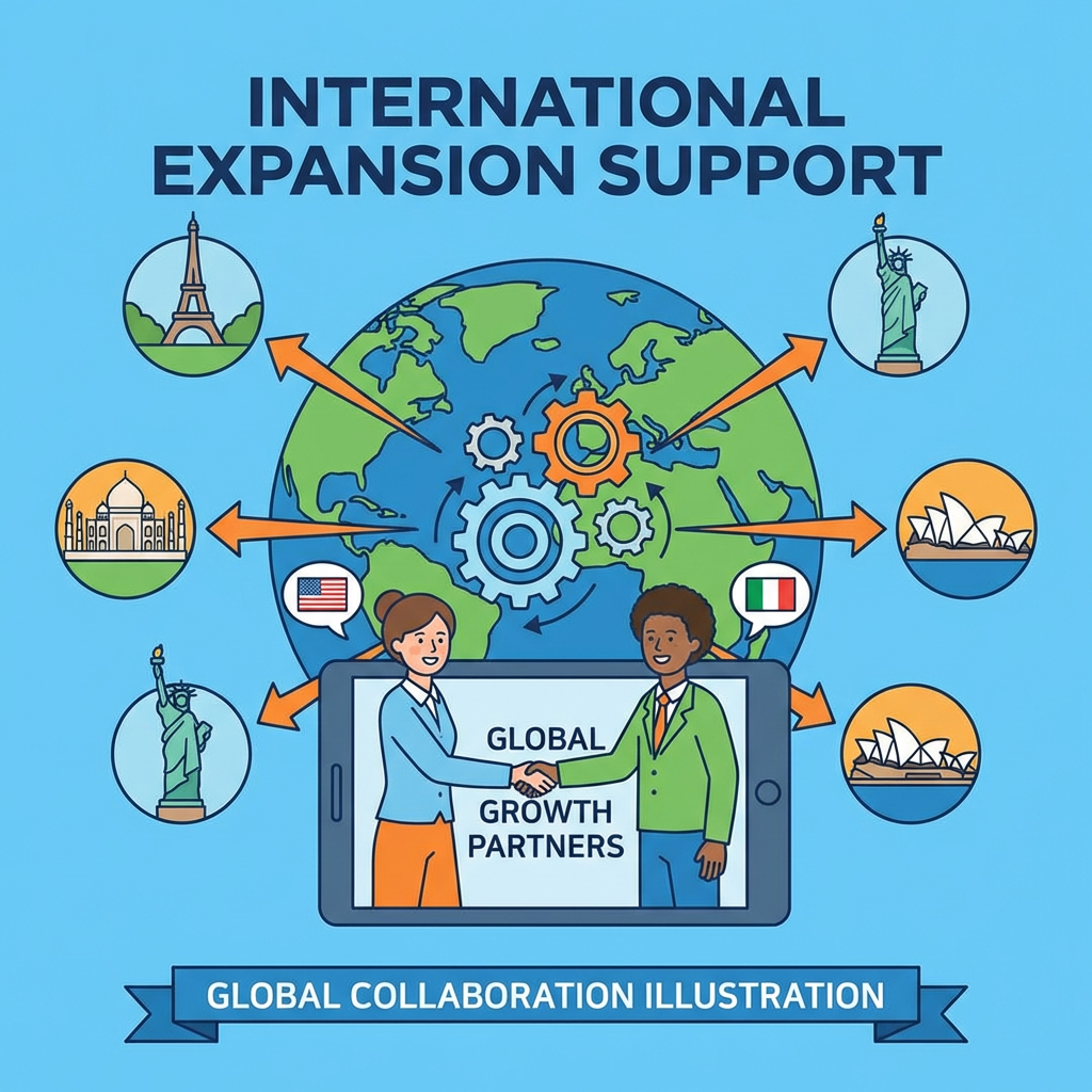 INTERNATIONAL EXPANSION SUPPORT, GLOBAL GROWTH PARTNERS, GLOBAL COLLABORATION ILLUSTRATION text with global business icons.